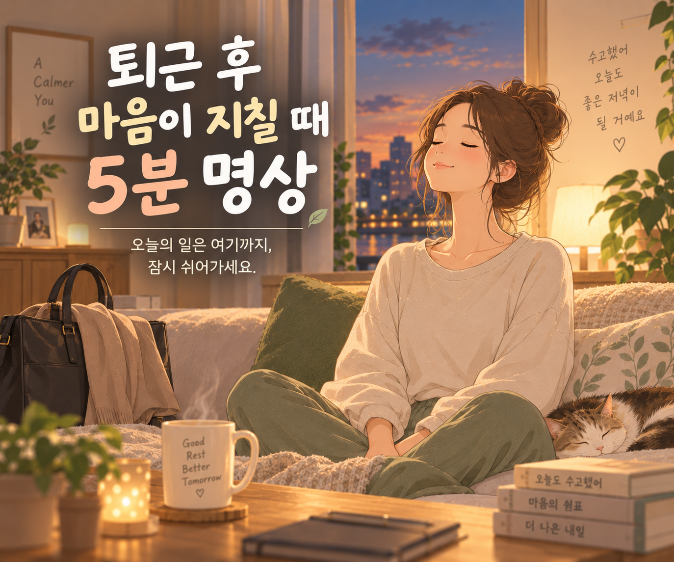 퇴근 후 명상으로 업무 생각과 긴장을 내려놓는 직장인