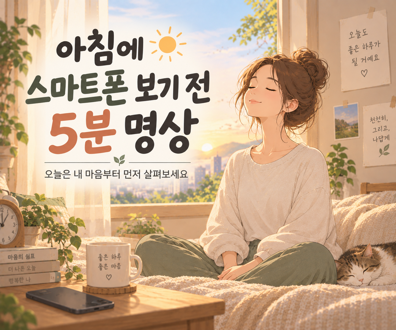 아침 스마트폰부터 본다면? 하루를 천천히 시작하는 5분 명상 아침 스마트폰 대신 5분 명상으로 하루를 천천히 시작하는 모습