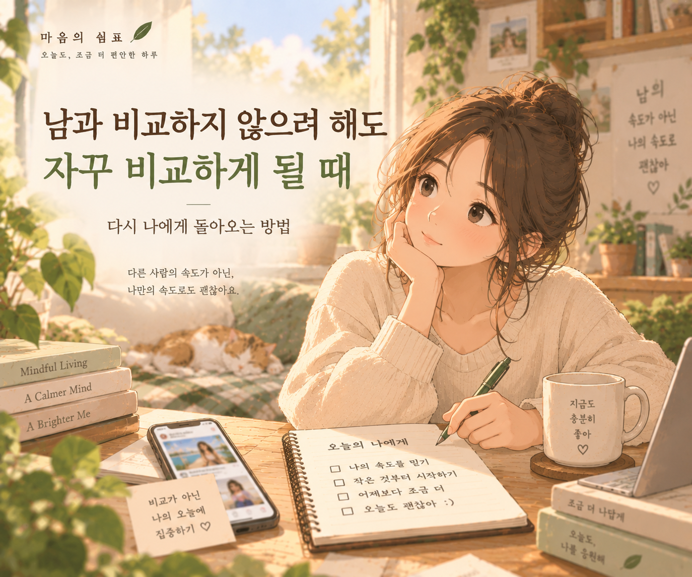 남과 비교하게 될 때 비교하는 마음을 알아차리고 내 삶의 방향으로 시선을 돌리는 모습