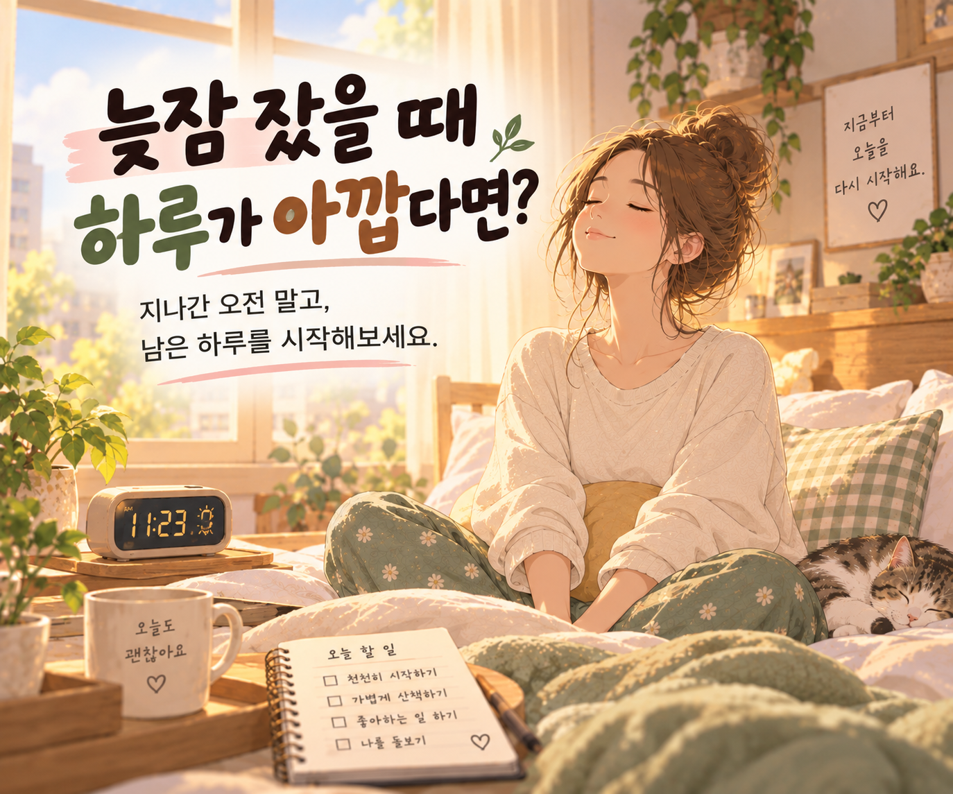 주말 아침 늦잠을 잔 뒤 침대에 앉아 차분하게 호흡하며 마음을 정리하는 모습